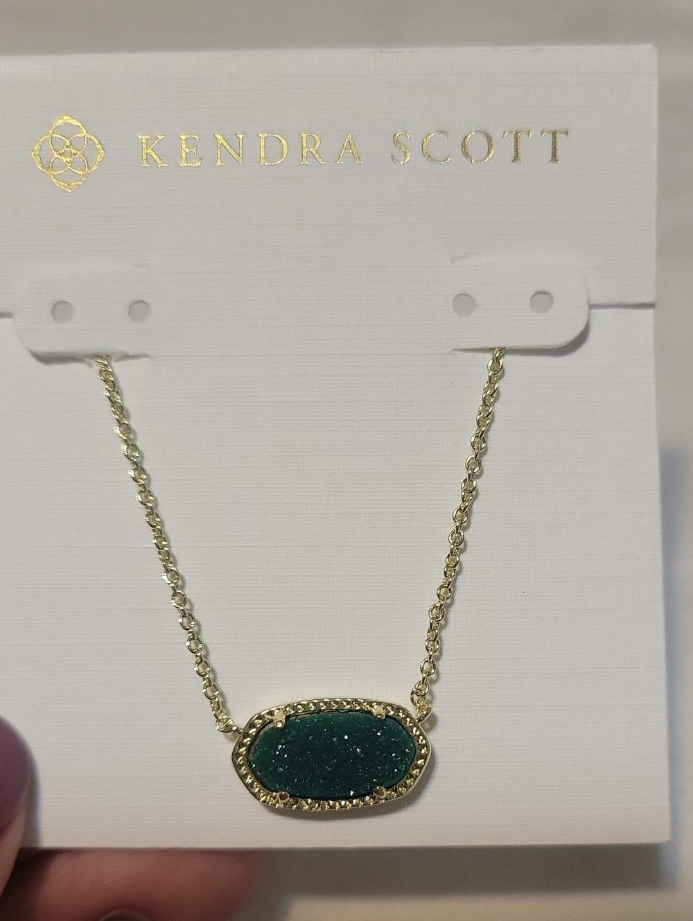 Kendra Scott Gold Necklace with Green Druzy Oval Pendant